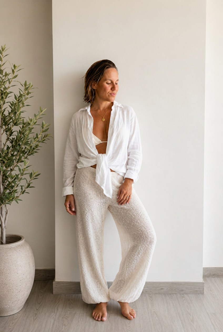 Moony Koch in soft linen beside an olive tree